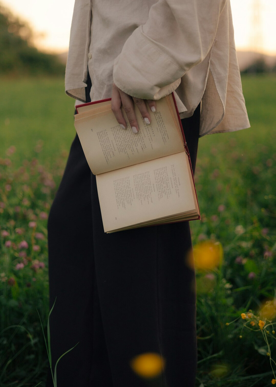 Person reading an old notebook outdoors in natural light